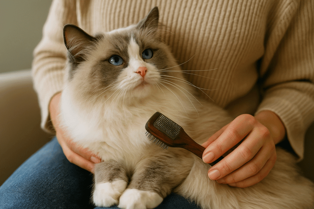 Ragamuffin Cats
Owner grooming Ragamuffin Cat with brush, emphasizing coat care.