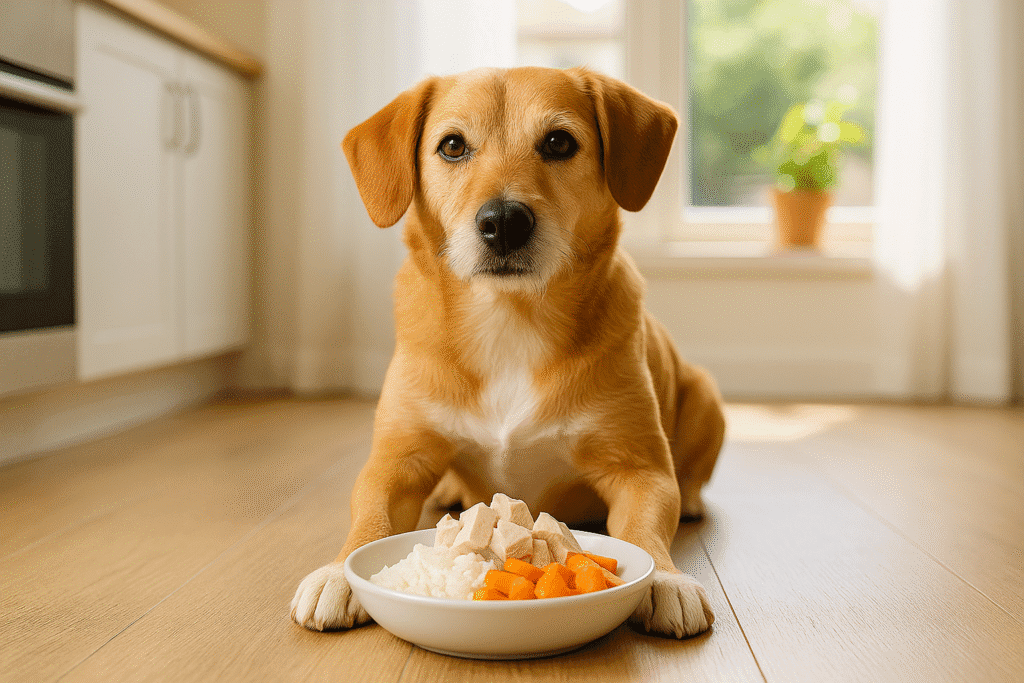 Dog with pancreatitis eating low-fat healthy meal, representing dietary care and recovery.
