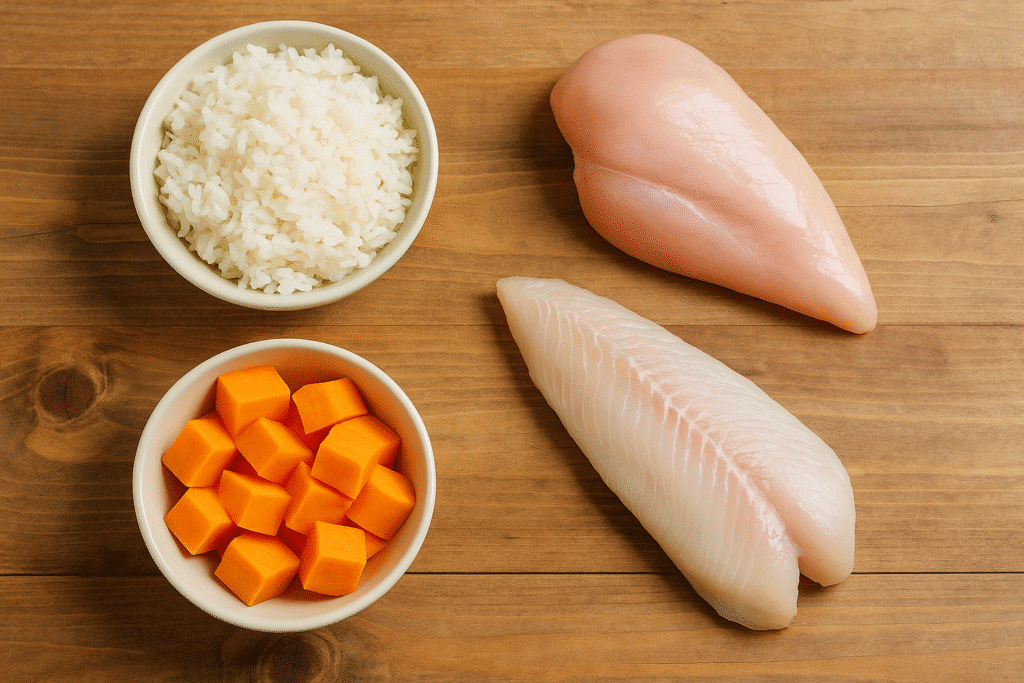 Pancreatitis in Dogs?
Example of low-fat homemade diet for dogs with pancreatitis including chicken, fish, pumpkin, and rice.
