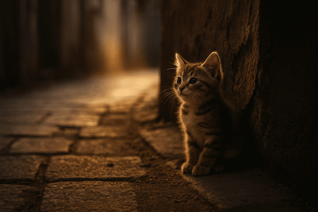Rescue kitten in an alley with soft light shining, symbolizing hope and adoption.