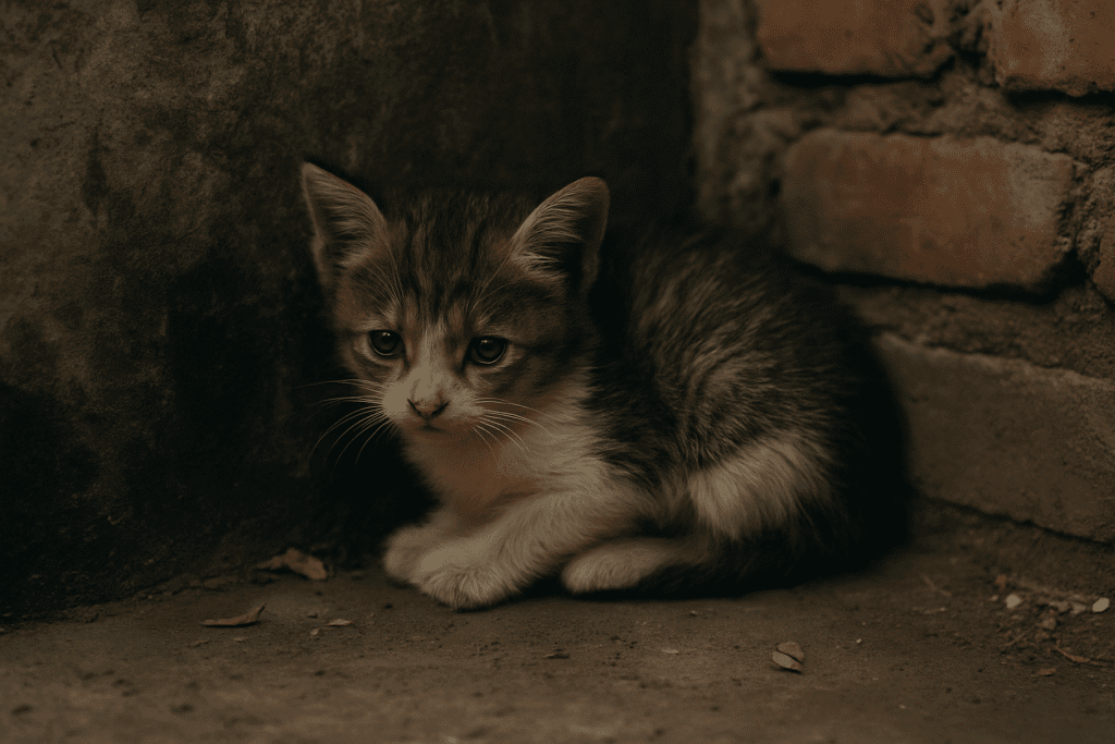 Rescue Kitten Story
Stray kitten sitting weak and scared in an alley, showing the beginning of a rescue journey.