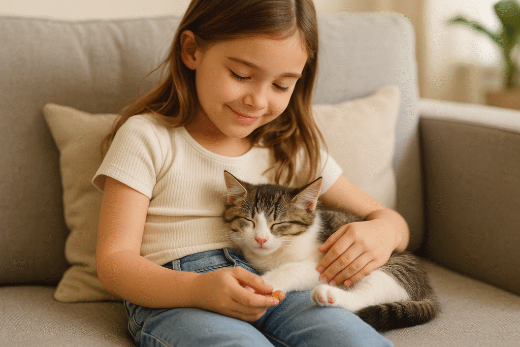 Rescue Kitten Story
Adopted kitten sleeping on child’s lap at home, symbolizing love and forever home.