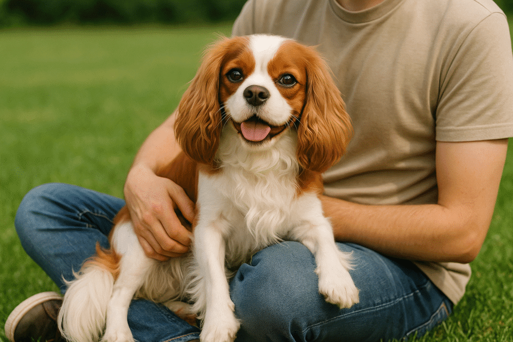 Cavalier King Charles Spaniel sitting happily on owner’s lap outdoors, symbolizing affection and companionship.