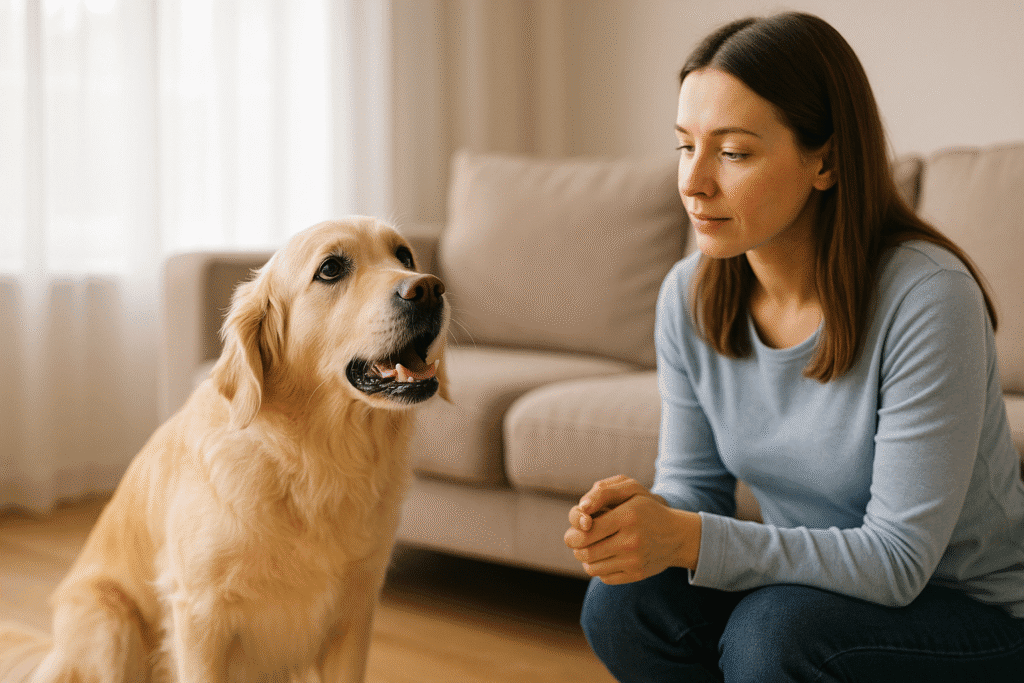 Dog whining at home while owner calmly training, symbolizing dog whining solutions.