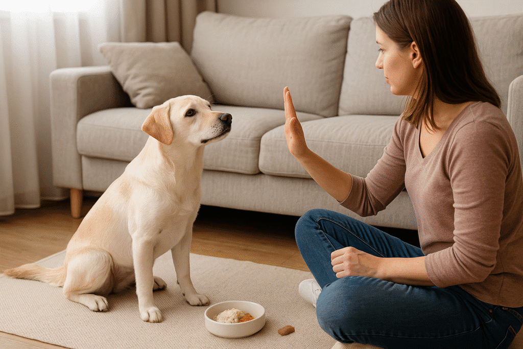 Stop Dog Whining
Dog training session showing owner teaching the “Quiet” command with positive reinforcement.