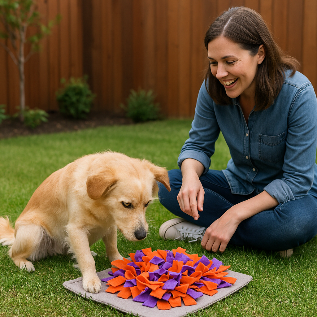 Stop Dog Whining
Dog playing with puzzle toy outdoors, showing mental and physical stimulation to reduce whining.