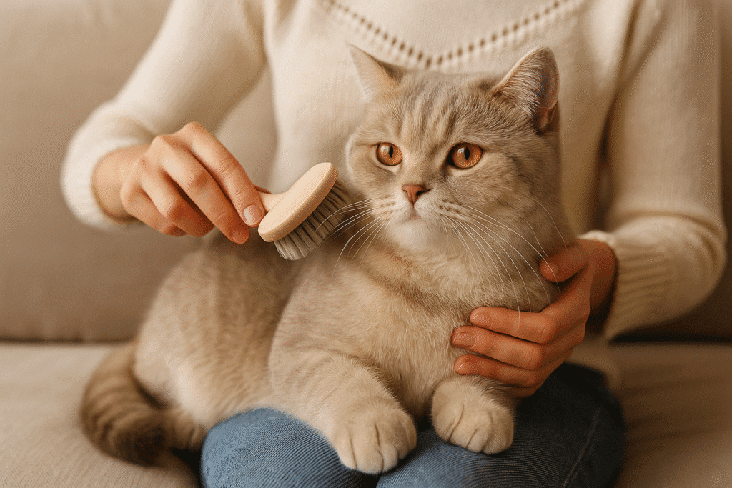 Scottish Straight Cat Care Guide
Owner gently brushing a Scottish Straight Cat’s dense coat, highlighting grooming care and bonding.