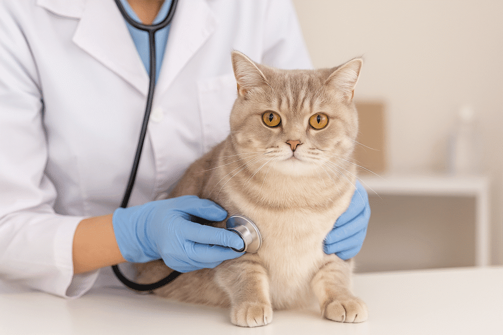 Scottish Straight Cat Care Guide
Veterinarian examining a calm Scottish Straight Cat during a regular health checkup.