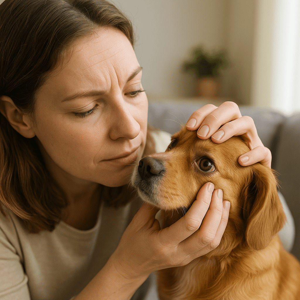 Dog Eye Infections Remedies
Owner gently checking a dog’s red eye for discharge or irritation at home.