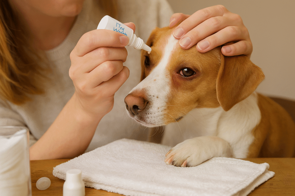 Dog Eye Infections Remedies
Owner applying sterile saline rinse to a dog’s eye as part of home care treatment.