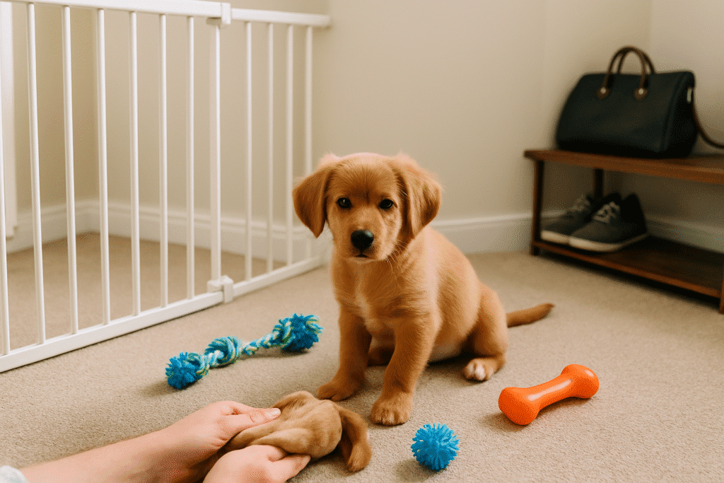 Stop Puppy Chewing
Puppy playing inside a gated area with chew toys while furniture and shoes are kept out of reach.