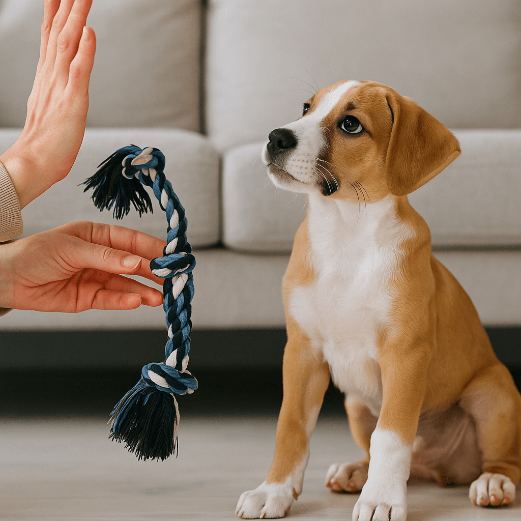 Stop Puppy Chewing
Owner training a puppy with the “Leave it” command using a toy and treats for redirection.