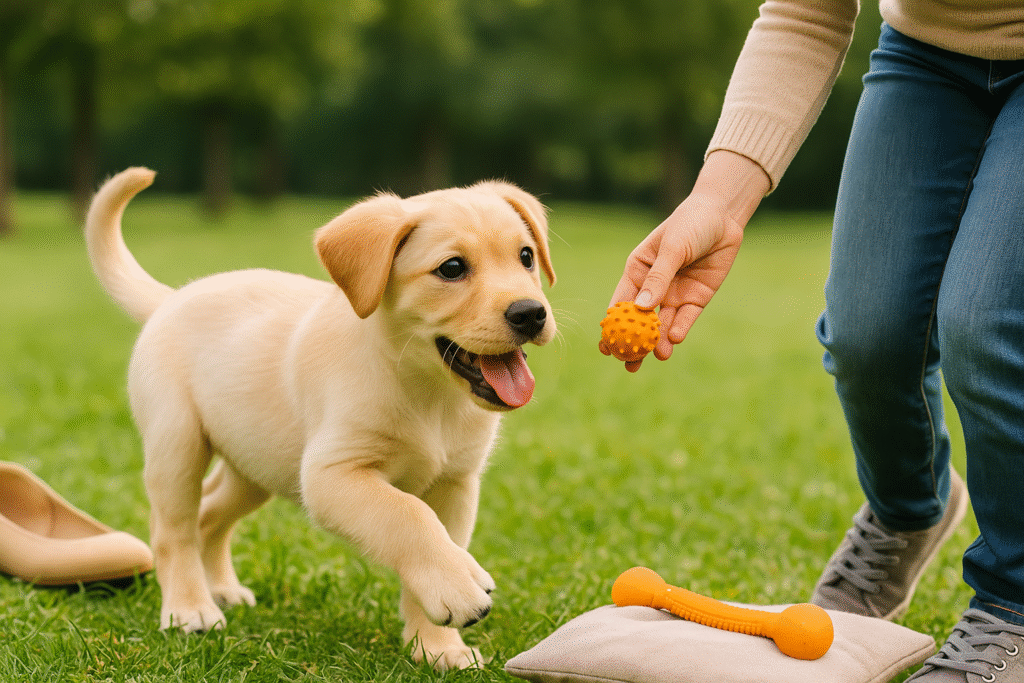 Stop Puppy Chewing
Puppy playing fetch outdoors with its owner for exercise and mental stimulation to reduce chewing.