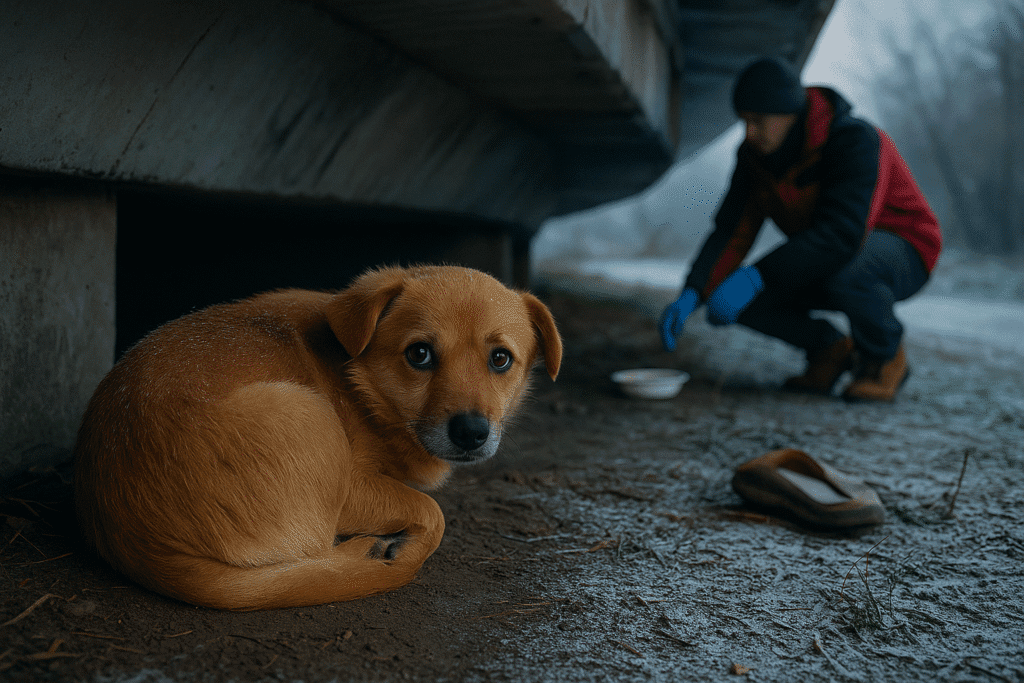 Abandoned Dog Rescue Story
Abandoned dog hiding under a bridge on a cold morning as rescuers gently approach with food.