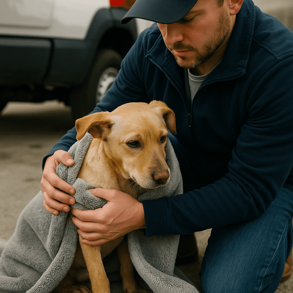 Abandoned Dog Rescue Story
Rescuer wrapping an abandoned dog in a soft blanket during the rescue mission.