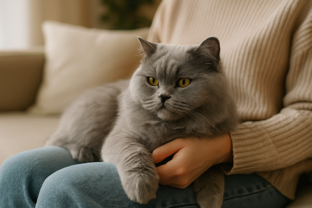 British Longhair Cat Care Guide
British Longhair cat cuddling calmly with its owner, expressing gentle and loyal companionship.