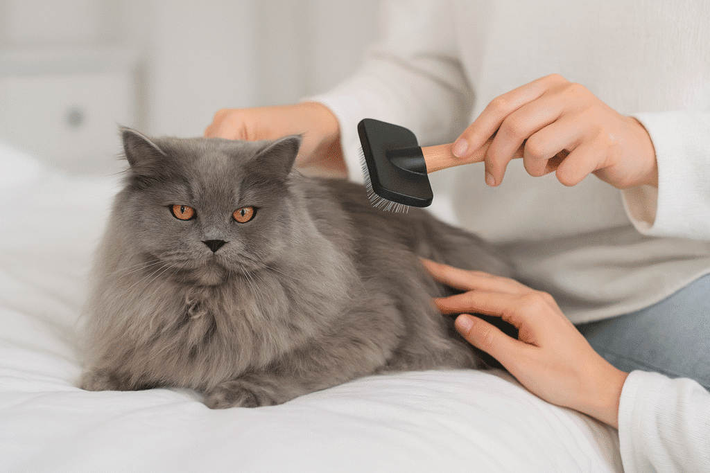 British Longhair Cat Care Guide
Owner grooming a British Longhair cat’s long fluffy coat with a slicker brush during regular care.