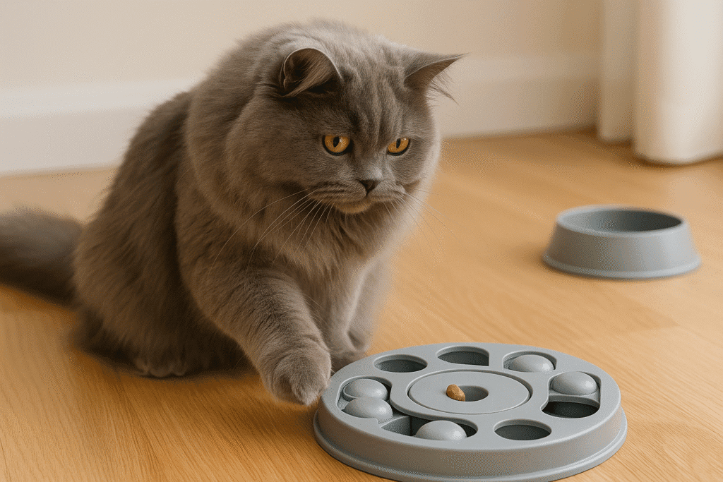 British Longhair Cat Care Guide
British Longhair cat interacting with a puzzle feeder, highlighting its intelligence and calm playfulness.