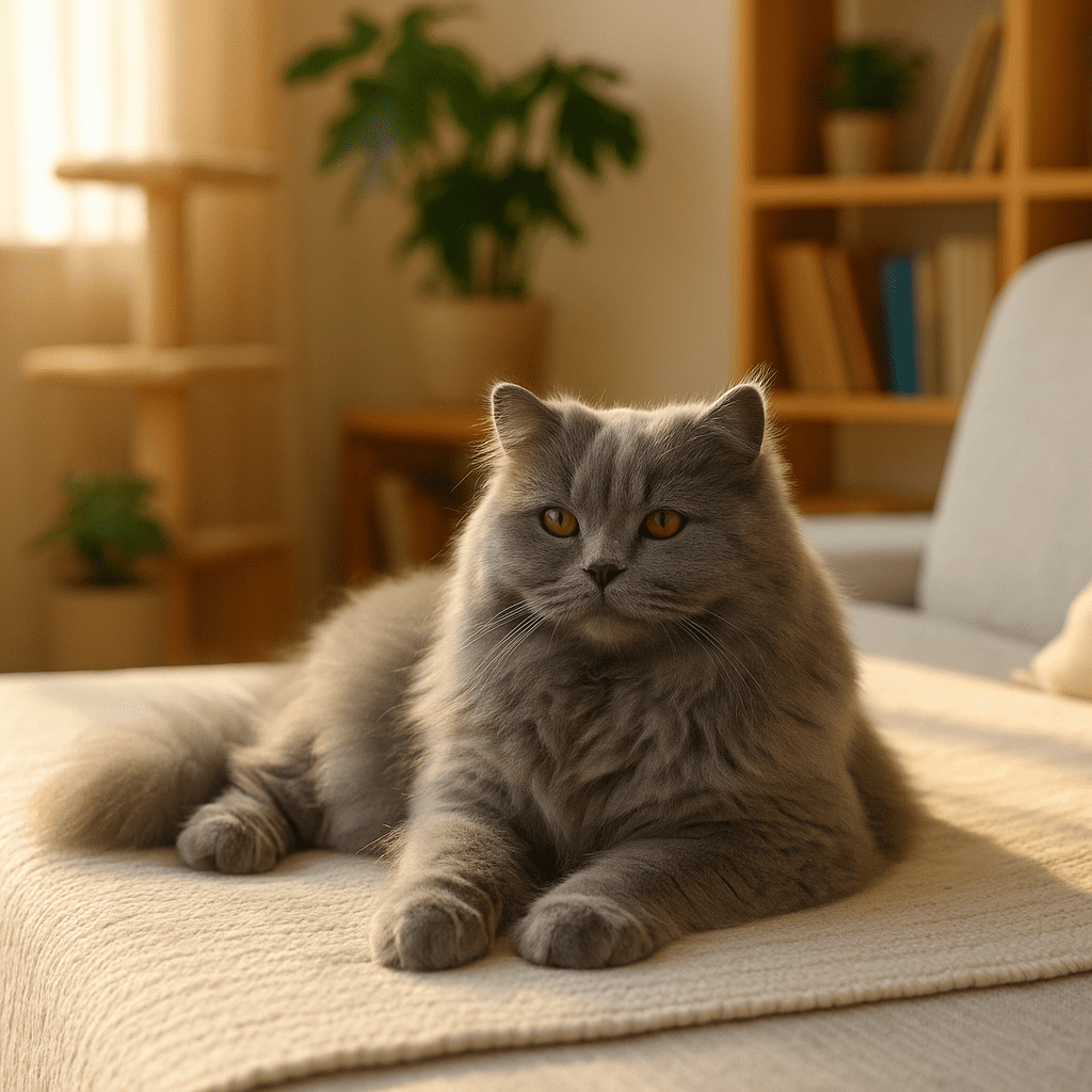 British Longhair Cat Care Guide
British Longhair relaxing on a cozy bed in a calm home environment, reflecting ideal living conditions for the breed.
