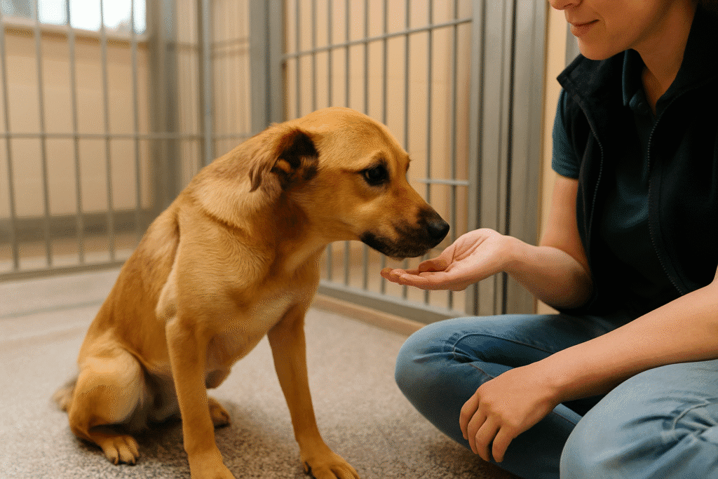 Abandoned Dog Rescue Story
Rescue dog gently touching a caretaker’s hand, showing the first signs of regained trust.