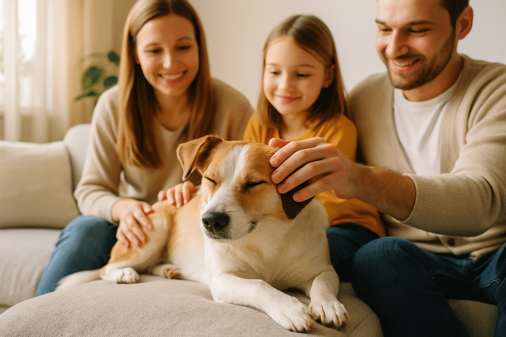 Abandoned Dog Rescue Story
Adopted rescue dog lying on a cozy couch with its new loving family.