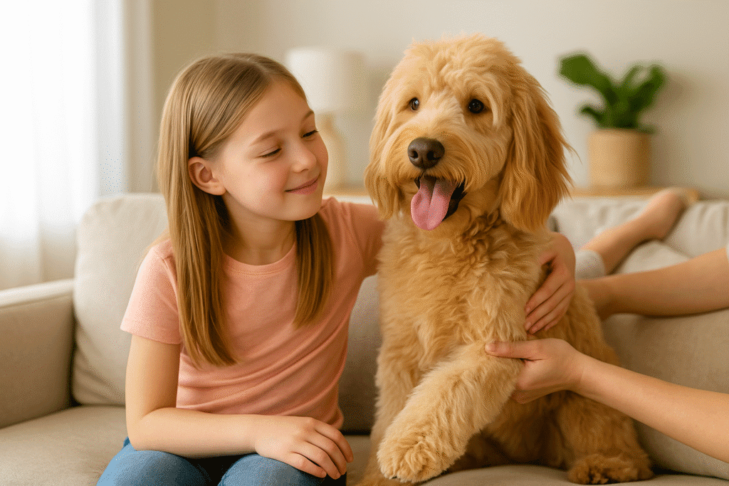 Goldendoodle Care Guide
Goldendoodle sitting beside a child indoors, showing its affectionate and social personality.