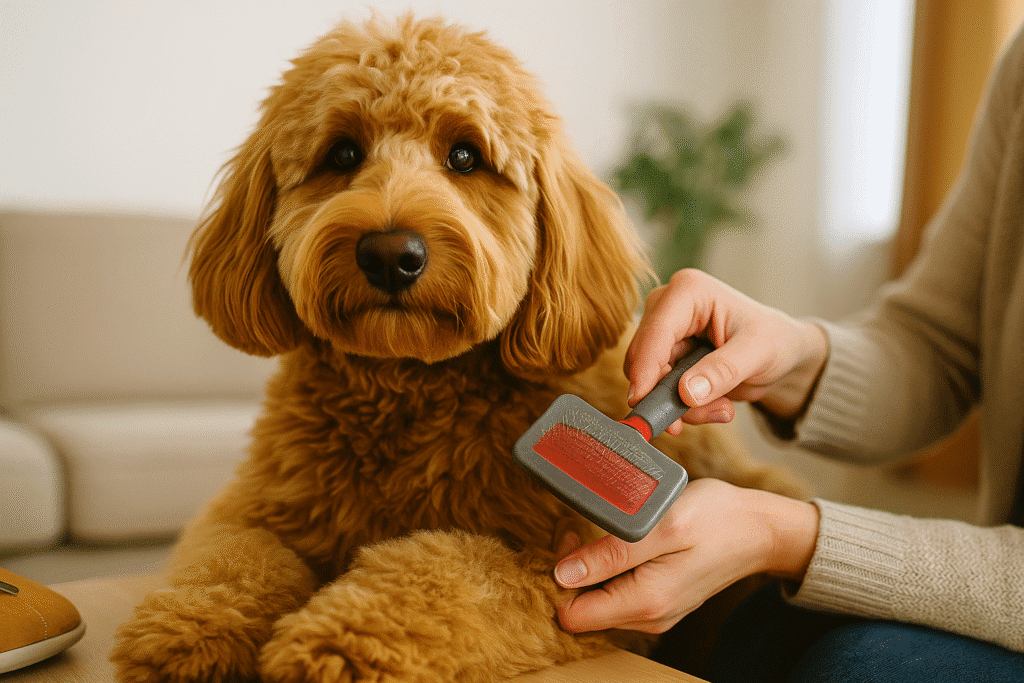 Goldendoodle Care Guide
Owner grooming a Goldendoodle’s fluffy coat with a slicker brush during regular maintenance.