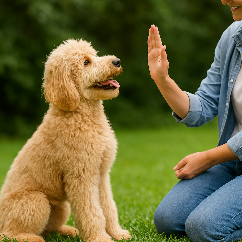 Goldendoodle Care Guide
Goldendoodle following a sit command during outdoor training, highlighting its intelligence and obedience.