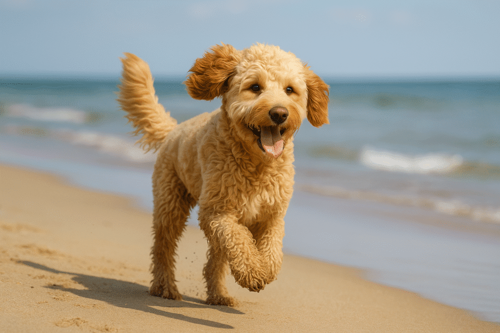 Goldendoodle Care Guide
Energetic Goldendoodle running along a beach, illustrating its exercise and outdoor needs.