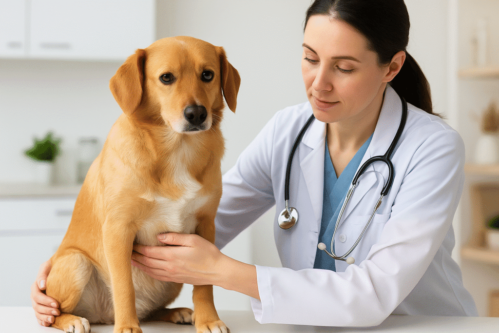 Dog Constipation Relief
Veterinarian examining a dog’s abdomen during a checkup, discussing causes of constipation.
