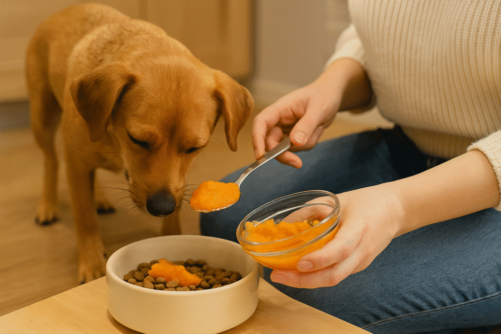 Dog Constipation Relief
Owner adding plain pumpkin to a dog’s meal bowl as a natural home remedy for constipation relief.