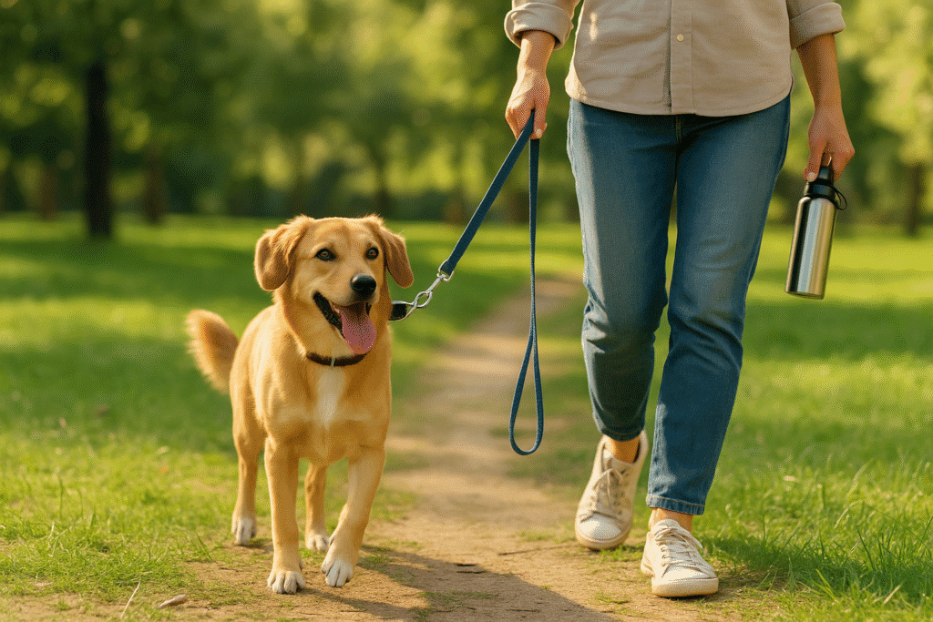 Dog Constipation Relief
Dog walking outdoors with its owner and drinking water afterward, showing exercise and hydration for digestive health.
