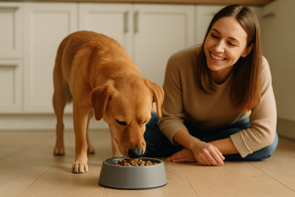 Dog Constipation Relief
Happy, healthy dog eating balanced food at home, representing long-term prevention of constipation.