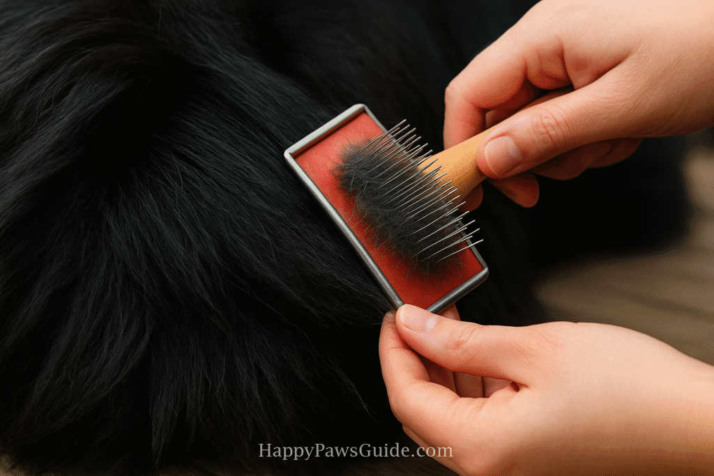 Newfoundland dog care grooming—line-brushing the dense double coat to prevent mats and hot spots