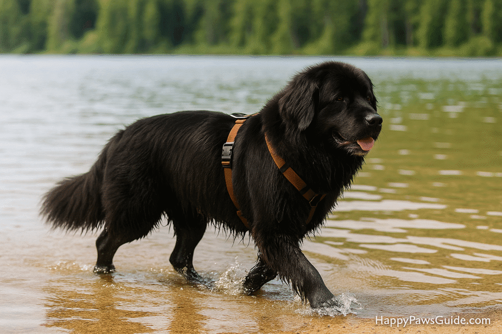 Newfoundland dog care exercise—low-impact swim session with harness for joint-friendly fitness