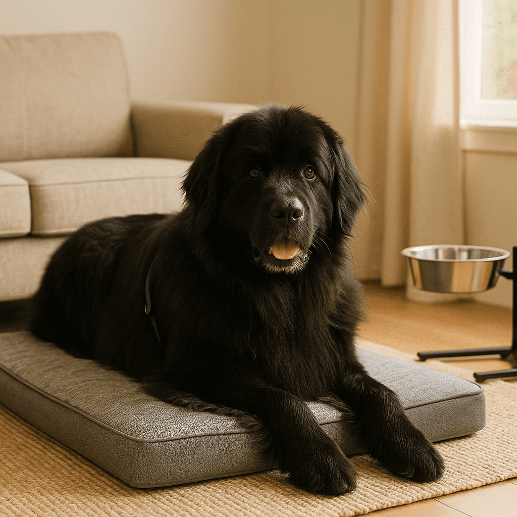 Newfoundland dog care at home—non-slip rugs, orthopedic bed, and raised bowls for joint comfort