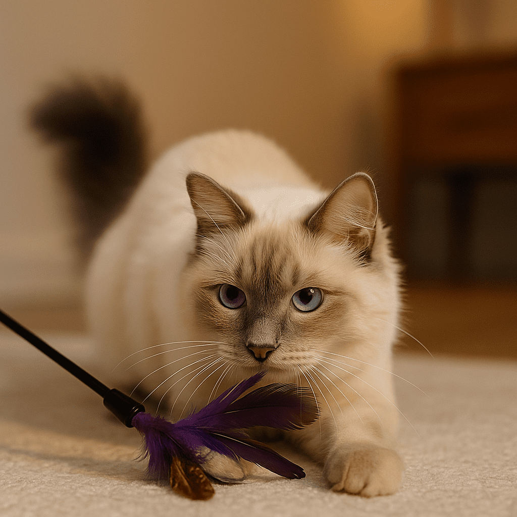 Ragamese cat care enrichment—evening feather-wand session to satisfy the prey sequence