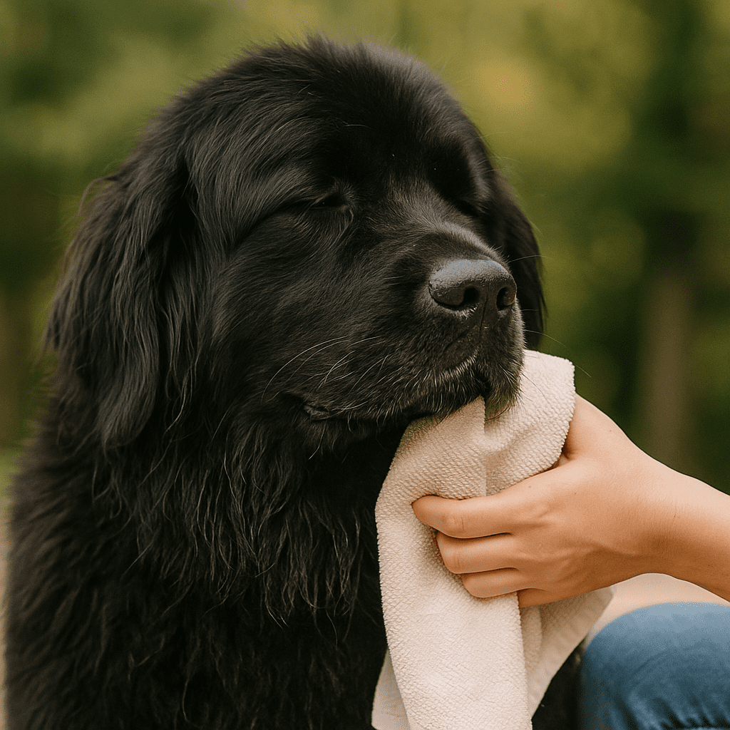 Newfoundland dog care health—gently wiping lip and neck folds after water to prevent skin irritation
