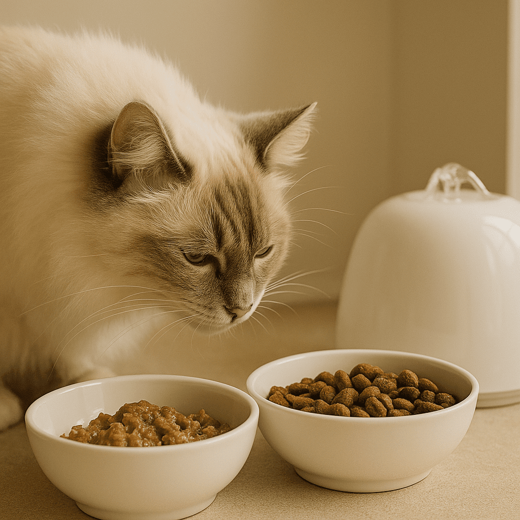 Ragamese cat care nutrition—wet and dry combo with a water fountain for hydration