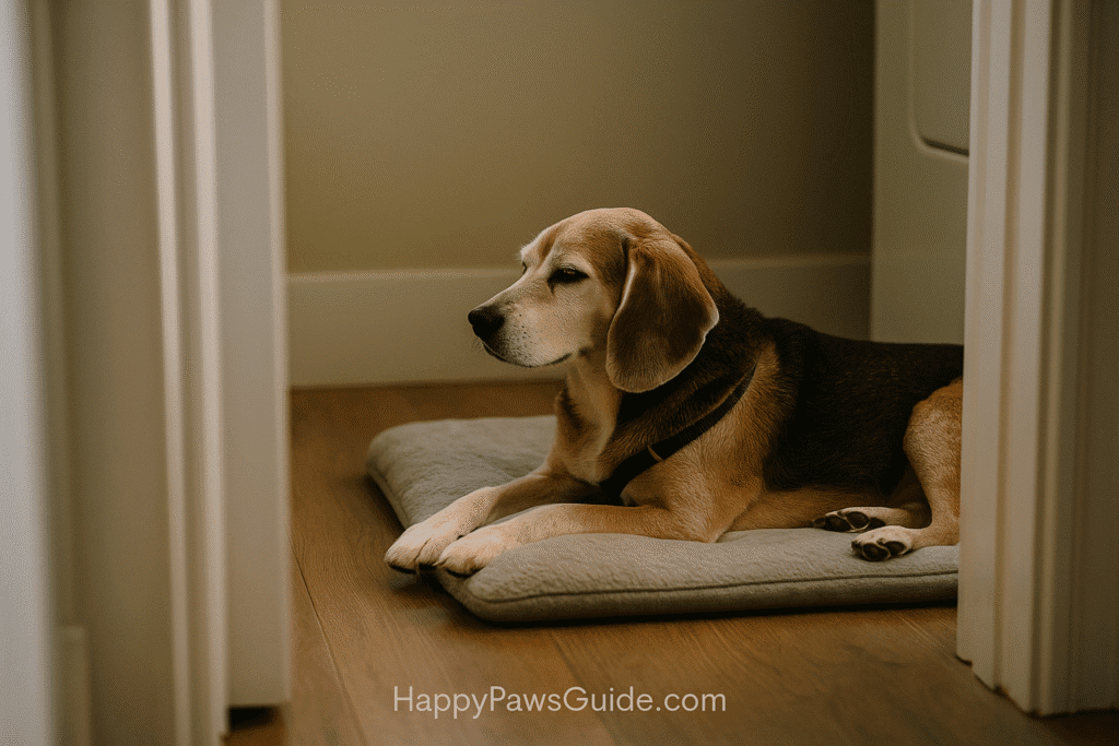 senior beagle adoption story
Senior Beagle with gray muzzle sleeping on a doorway bed during decompression.