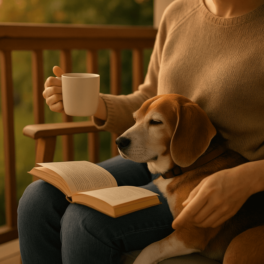 senior beagle adoption story
Gentle porch session—senior Beagle dozing beside owner at dusk.