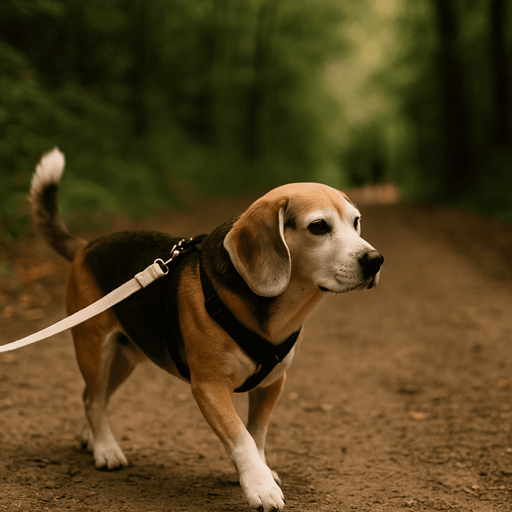 senior beagle adoption story
Senior Beagle trotting on a forest trail with a loose leash, tail softly wagging.