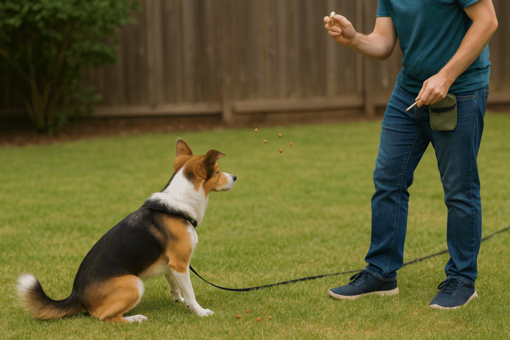 Teach Dog Emergency Stop
Handler tossing treats behind the dog immediately after the stop cue to reinforce braking