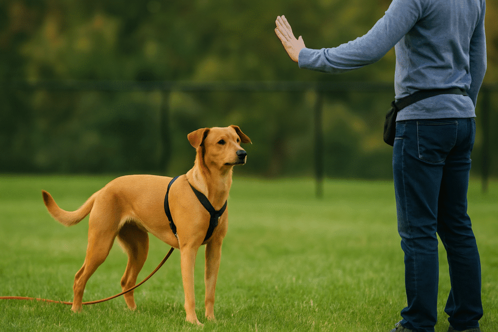 Teach Dog Emergency Stop
Handler uses a big palm-out signal then the cue at 3–5 m; dog halts with loose long line