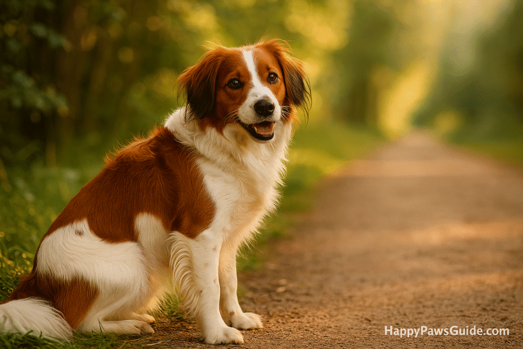 Kooikerhondje care—cheerful Dutch duck-decoy dog on a sunny woodland path