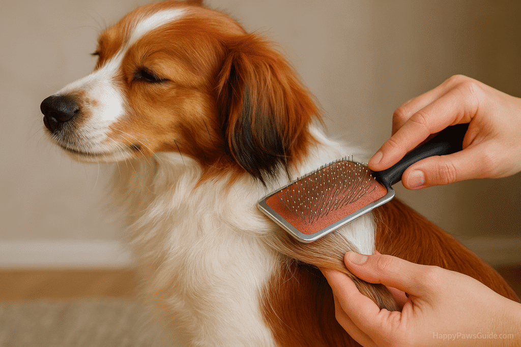 Kooikerhondje care grooming—line-brushing silky feathering behind the ears to prevent mats