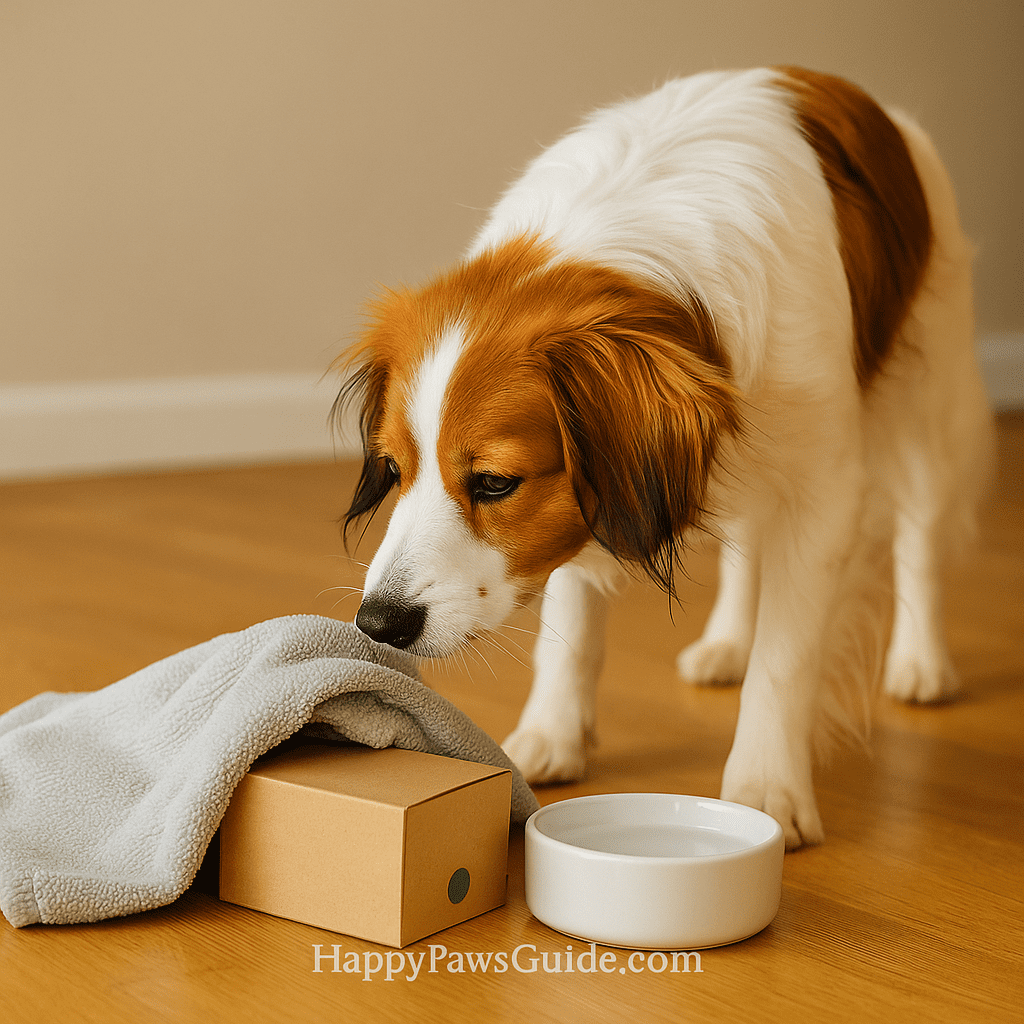Kooikerhondje care enrichment—short scentwork game finding a hidden target indoors