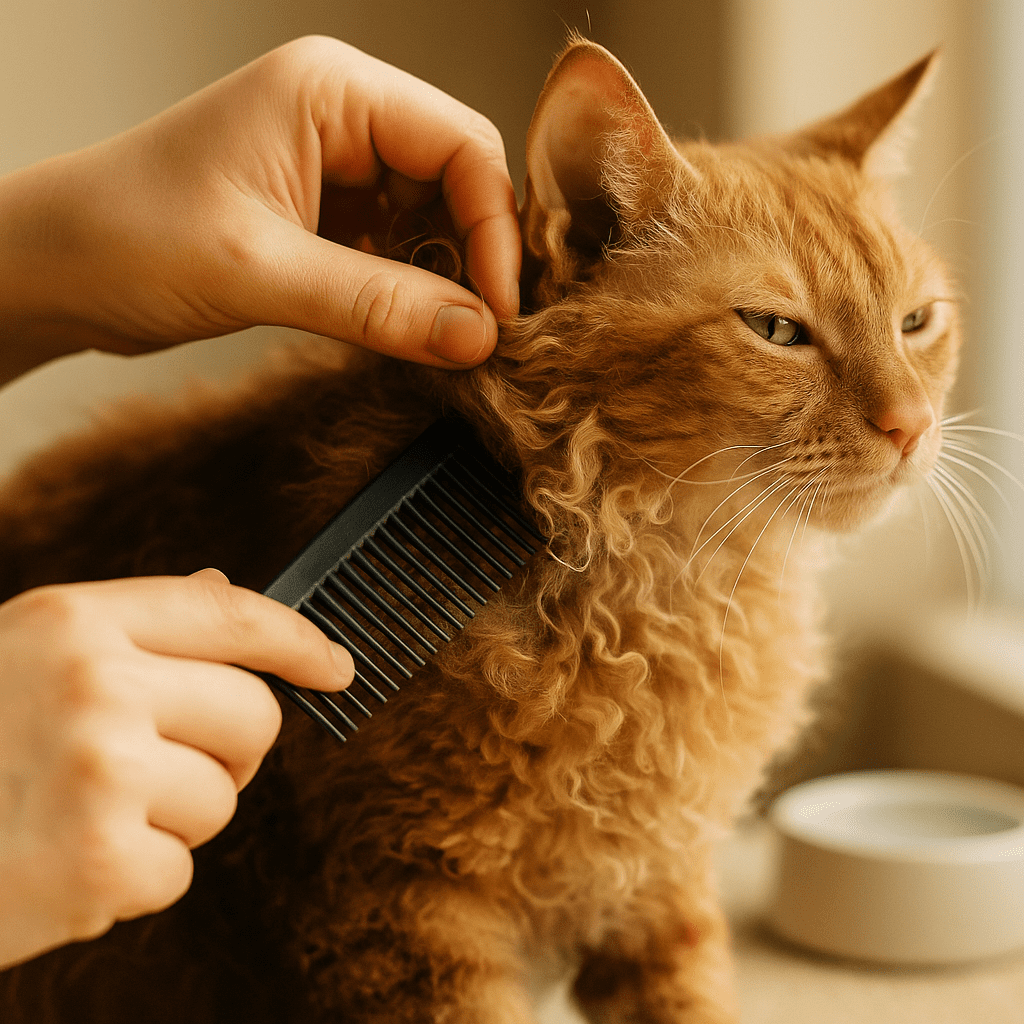 LaPerm cat care grooming—wide-tooth comb and gentle finger-fluff to keep curls low-mat