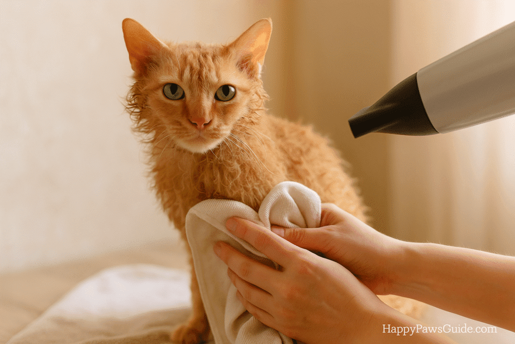LaPerm cat care bath—press-towel and low airflow to preserve soft curls