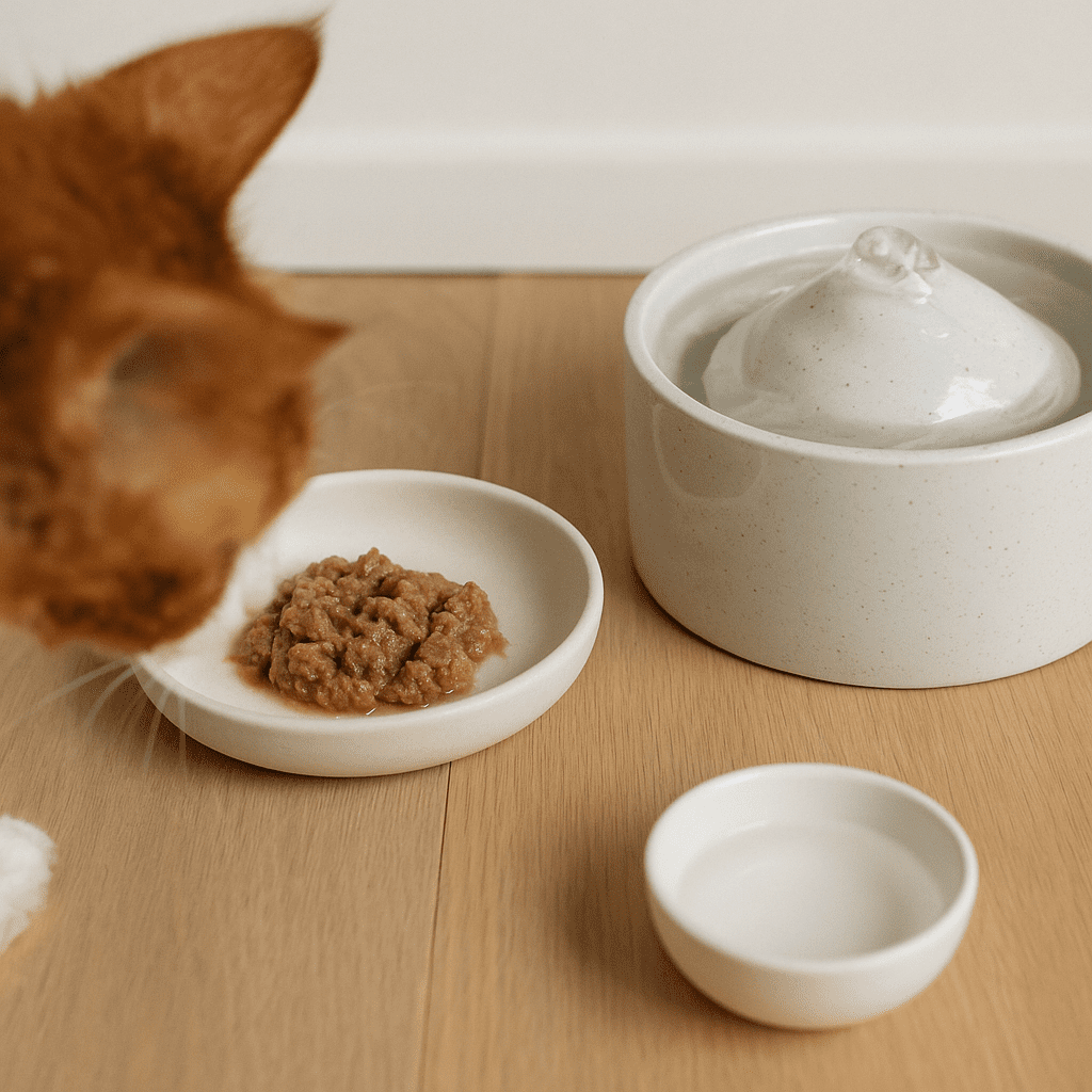 LaPerm cat care nutrition—wet food and water fountain for glossy coat and hydration
